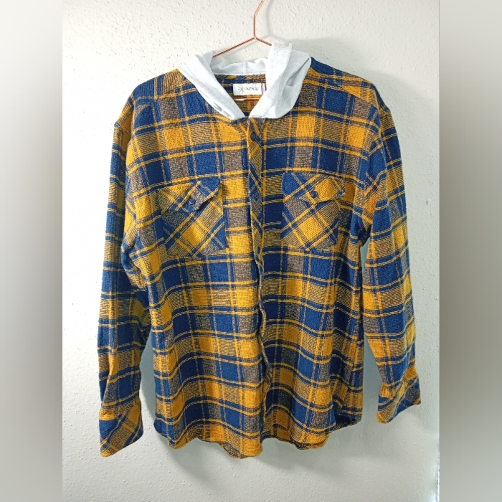 Men's Buckle Departwest Plaid Yellow Blue Hoodie Button Down sz XXL